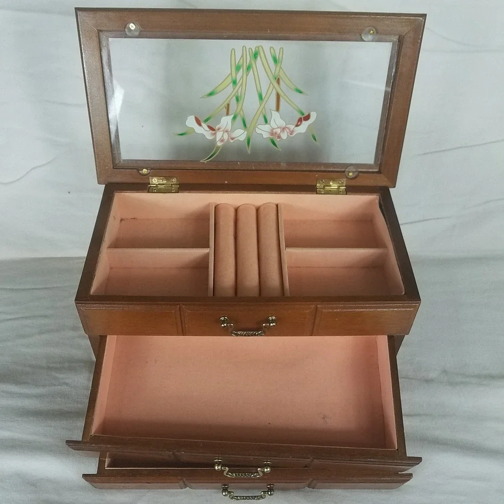 Vintage Wooden Jewelry Box Organizer Brown Excellent Floral Glass 2-drawers